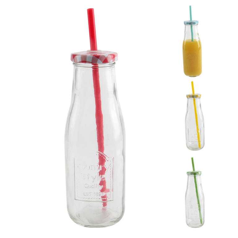 Skleněná láhev STRAW s víčkem a brčkem