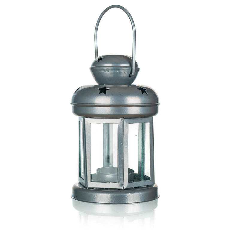 Felinar din tablă rotundă pentru o lumânare de ceai argintie 16 cm