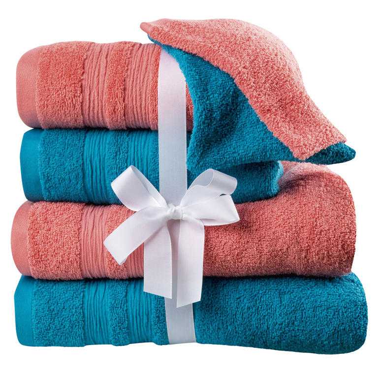 Set de prosoape frote, prosoape de baie şi prosoape mici de culoare coral-turcoaz 6 buc