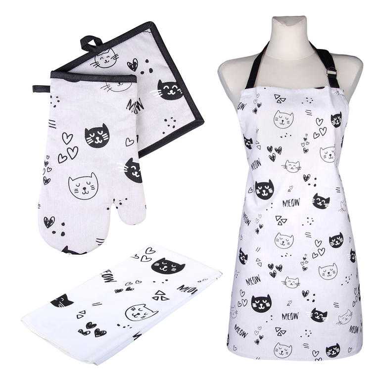 Kuchyňská sada CATS Srdíčka bílá chňapka, podložka, utěrka a zástěra