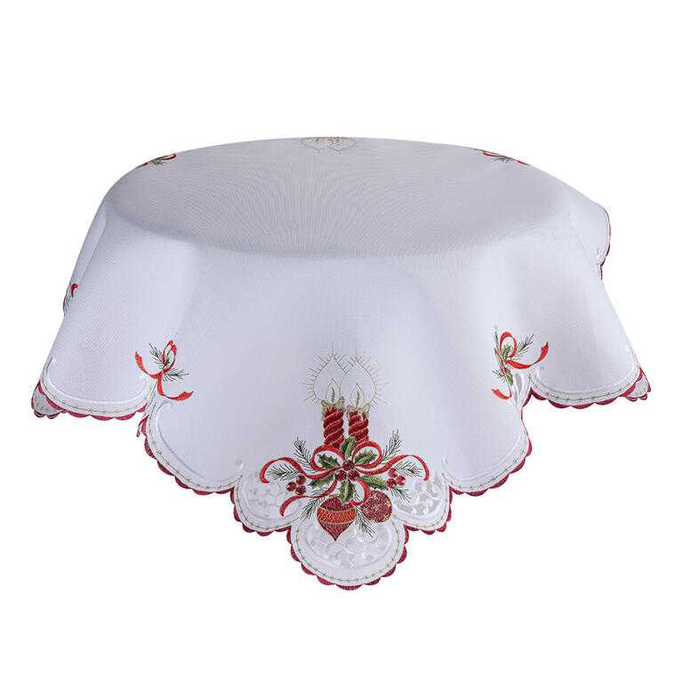 Faţă de masă de Crăciun cu broderie LUMÂNĂRI ŞI GLOBURI, 85 x 85 cm