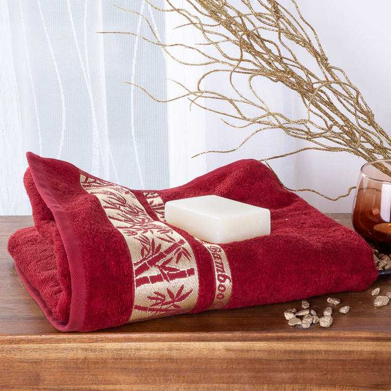 Prosop de baie din bambus cu bordură aurie culoarea BORDO 70 x 140 cm