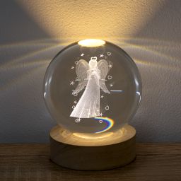Skleněná LED koule na dřevěném podstavci ANDĚL