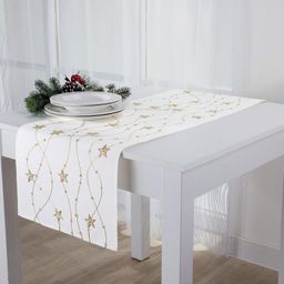 Vánoční ubrus běhoun bílý s výšivkou  Zlaté hvězdy 40  x160 cm