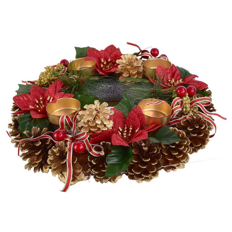 Adventní šiškový věnec POINSETTIA s mašlí 30 cm - galerie #2