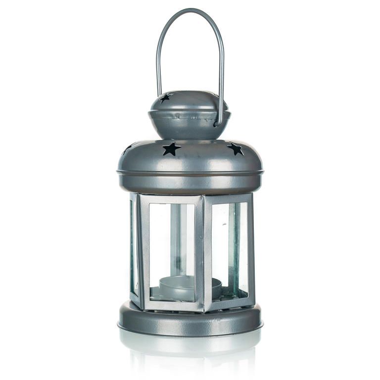 Felinar din tablă rotundă pentru o lumânare de ceai argintie 16 cm