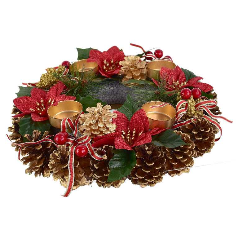 Adventní šiškový věnec POINSETTIA s mašlí 30 cm - galerie #2