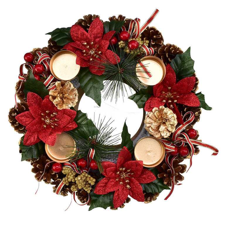 Adventní šiškový věnec POINSETTIA s mašlí 30 cm - galerie #1