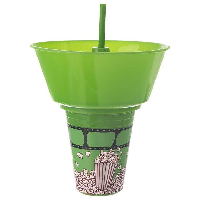 Pohár s brčkem a miskou na popcorn SNACK, zelený, 550 ml