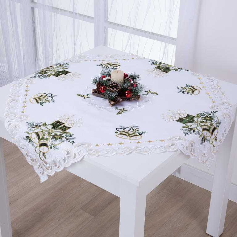 Vánoční středový ubrus s bílo - zelenou výšivkou SVÍCEN 85 x 85 cm