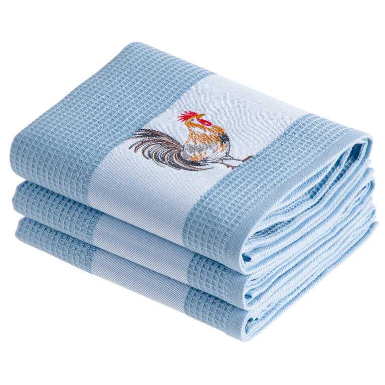 Set prosoape bucătărie vafelă COCOŞ albastru 45 x 70 cm 3 buc