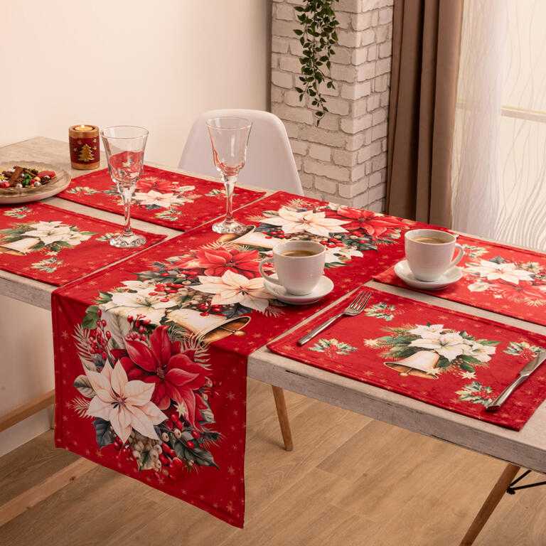 Sada 4 ks prostírání a stolního běhounu RED POINSETTIA